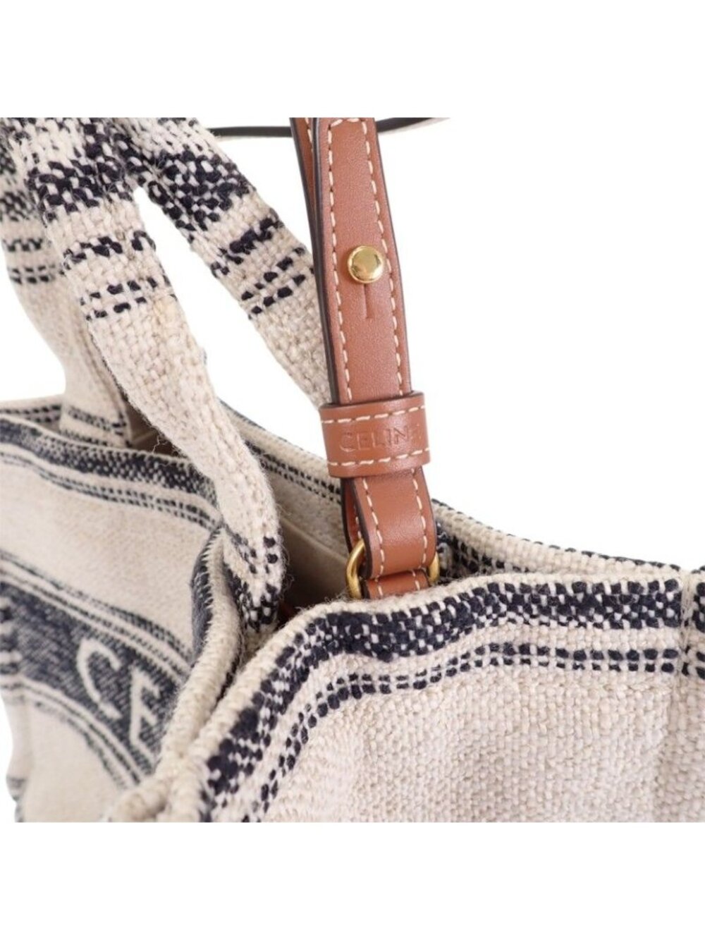 Celine Small Cabas Thais Jacquard Shoulder Bag Tote Cotton Calfskin White Navy - Picture 9 of 14